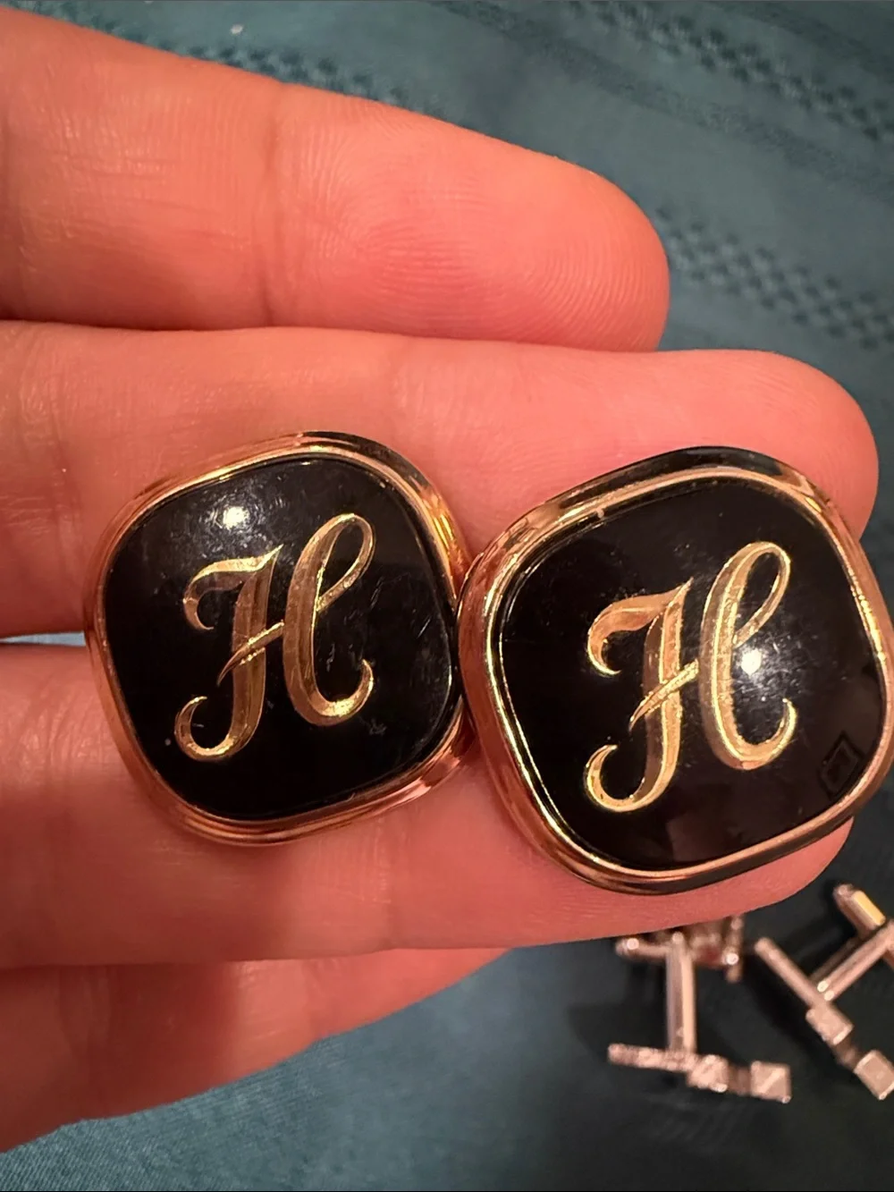 SWANK Gold-Tone Black Enamel 'H' Cufflinks and Tie Bar Set